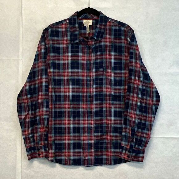 ST. JOHN’S BAY Women’s Classic Shirt XL Navy Tartan Plaid Long Sleeve Cotton NEW - Picture 2 of 15